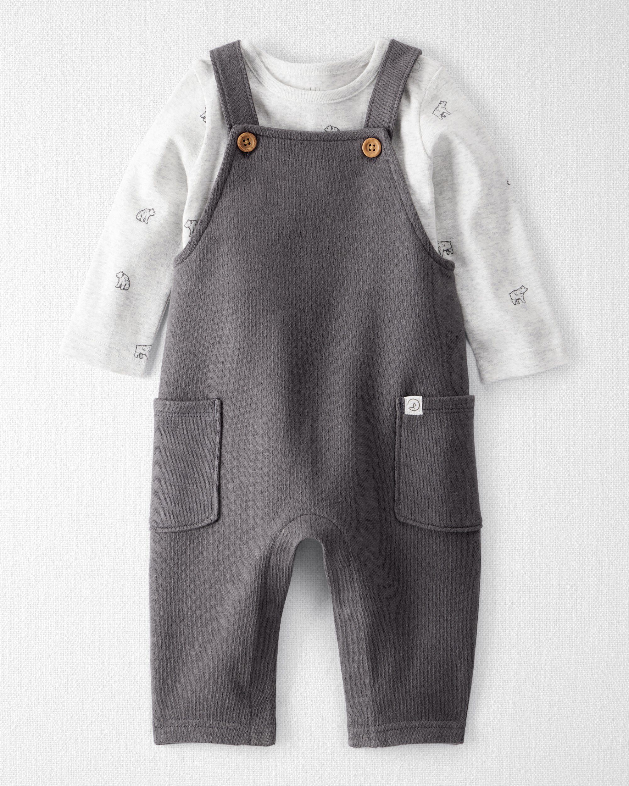 Little Planet Baby Girls 2-Piece Organic Cotton Overall Set In Bear Print Baby Size NB Charcoal Heather Grey 20$
