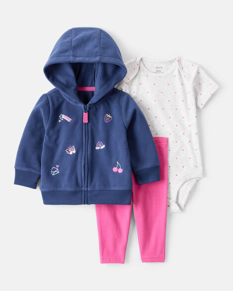 baby girl 3-piece art print jacket, bodysuit & pant set - blue/pink