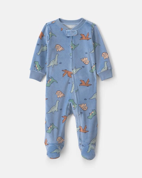 baby boy dinosaur 2-way zip dreamplush sleep & play pajamas - blue