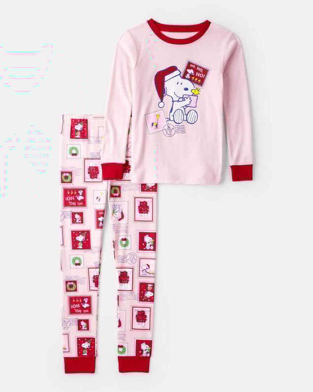 Product image 1 of Girls Peanuts Snoopy Print 100% Cotton Long-Sleeve Snug Fit 2-Piece Pajamas - Pink
