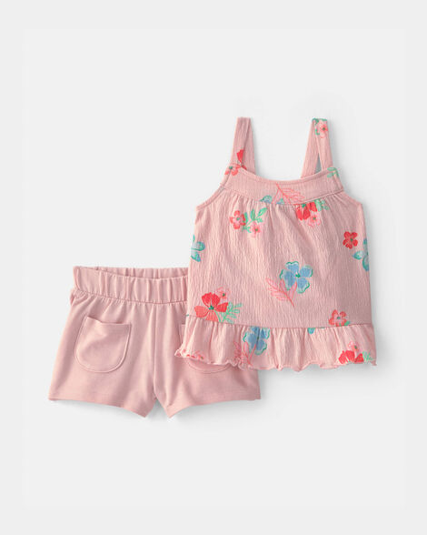baby girl 2-piece floral ruffle top & short set - pink