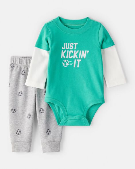 baby boy 2-piece 'just kickin it' soccer bodysuit & pant set - green