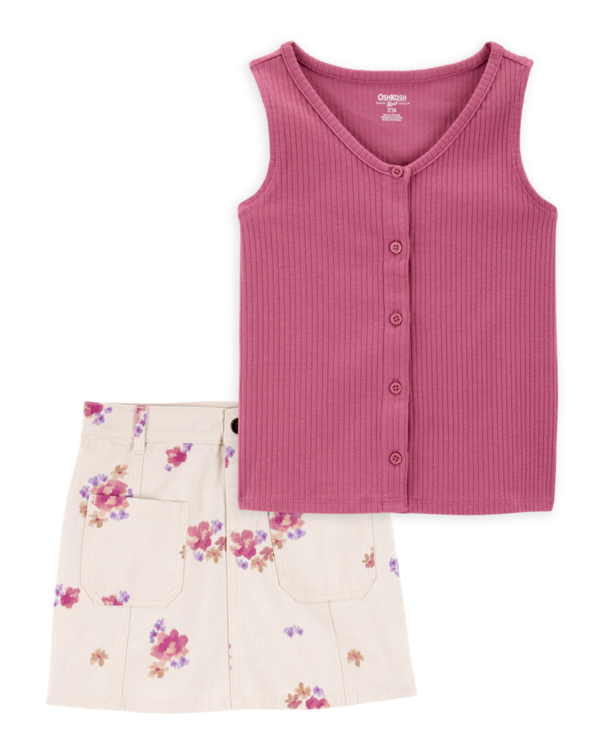 Kid 2-Piece Ribbed Button-Down Tank Top & Floral Twill Skirt Set - Pink/Ivory