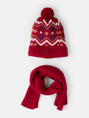 Red - Boys 2-Piece Fair Isle Winter Hat & Scarf - Red, Selected