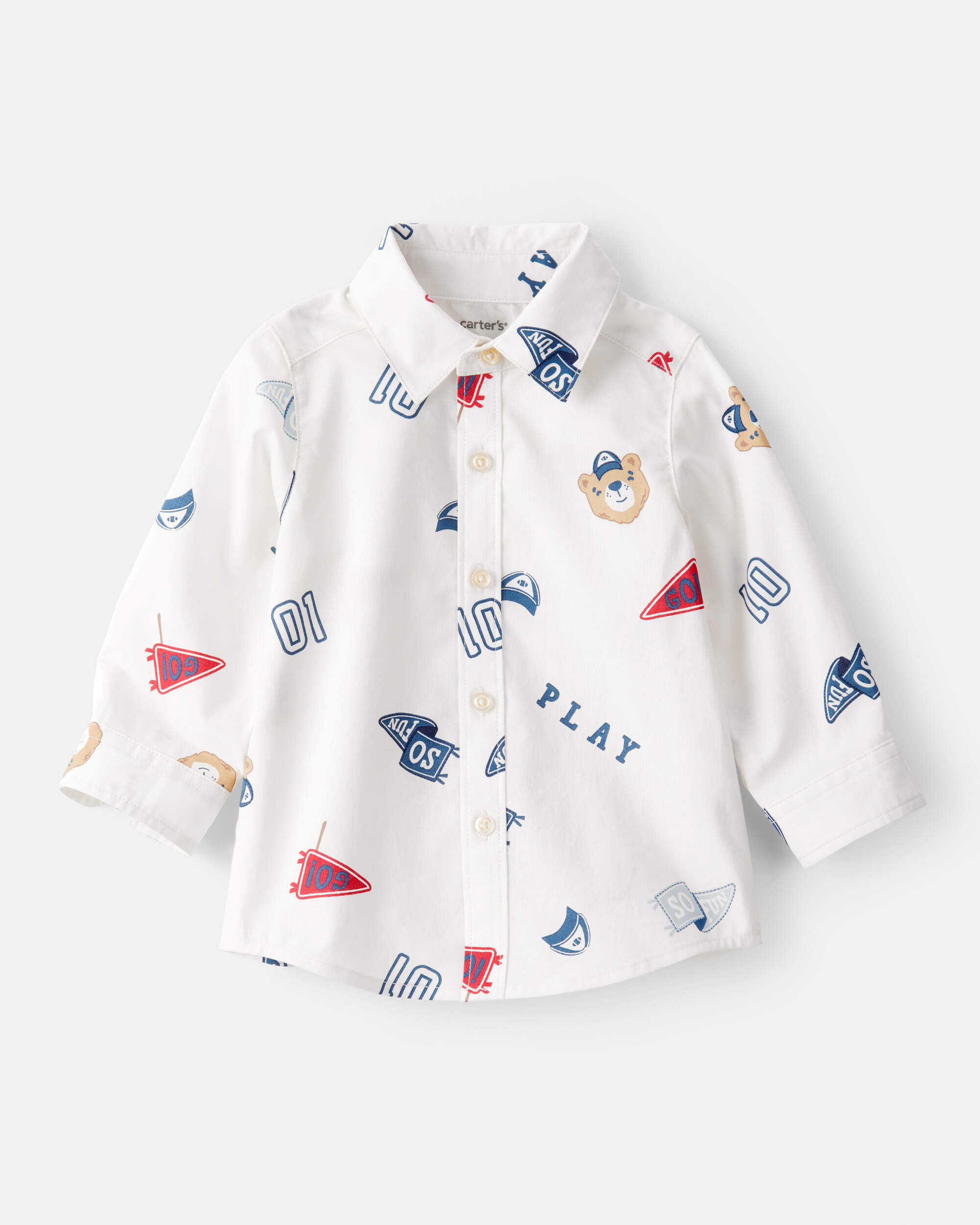 Baby Boy Varsity Bear Print Long-Sleeve Button-Down Shirt - White