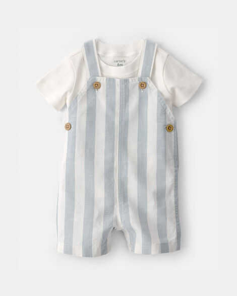 baby boy 2-piece stripe romper set - blue/ivory