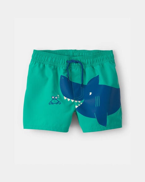 toddler boy shark swim trunks - green/blue