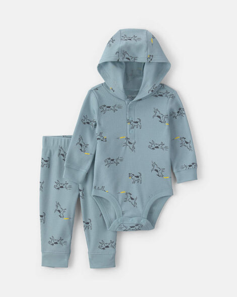 baby boy 2-piece dog thermal long-sleeve bodysuit & pant set - blue