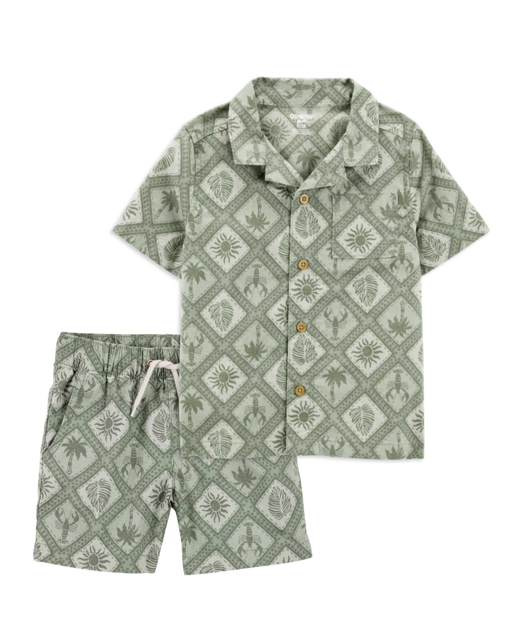 Toddler 2-Piece Tile Print Button-Down Shirt & Drawstring Shorts Set - Green
