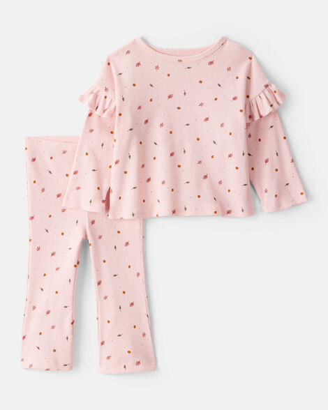 baby girl 2-piece leaf print cotton long-sleeve tee & pant set - pink