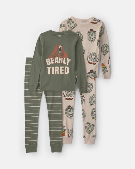 boys 4-piece 'bearly tired' 100% cotton snug fit pajama set - green/cream