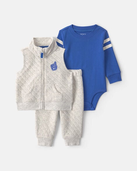 baby boy 3-piece varsity quilted layering set - grey/blue