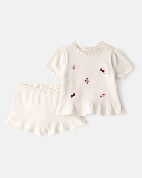 baby girl 2-piece floral embroidered short-sleeve top & short set - cream