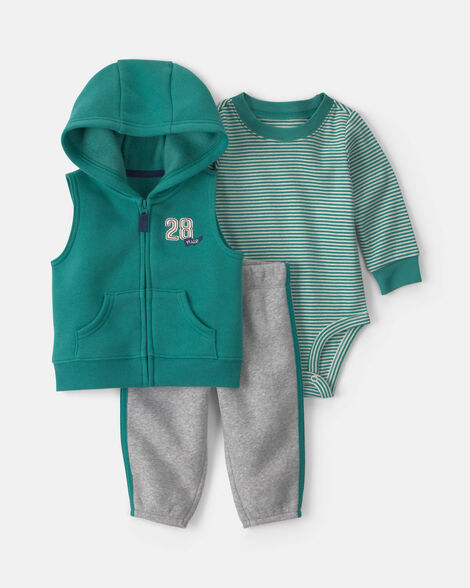 baby boy 3-piece '28' varsity hooded layering set - green