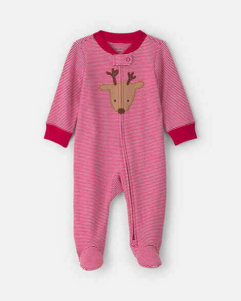 baby reindeer 100% cotton 2-way zip sleep & play pajamas - red