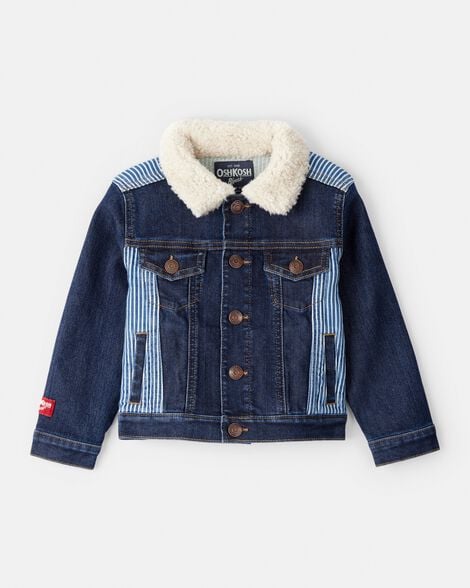 Toddler Hickory Stripe Denim Jacket with Teddy Fleece Collar - Blue