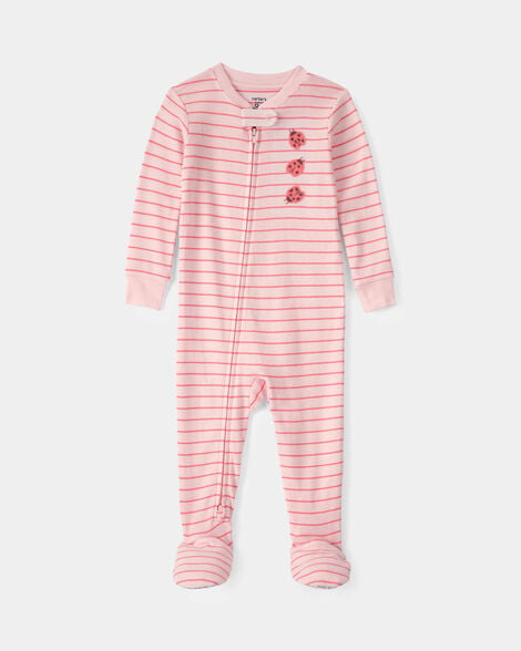 baby girl ladybug striped 100% cotton snug fit 1-piece pajama - pink