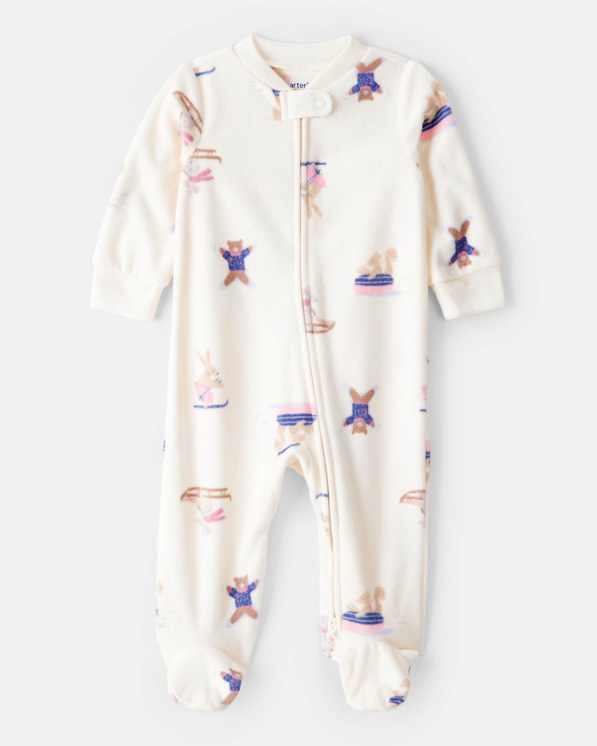 Baby Girl Animal Ski Print Loose Fit Long-Sleeve Sleep & Play Pajamas - Cream