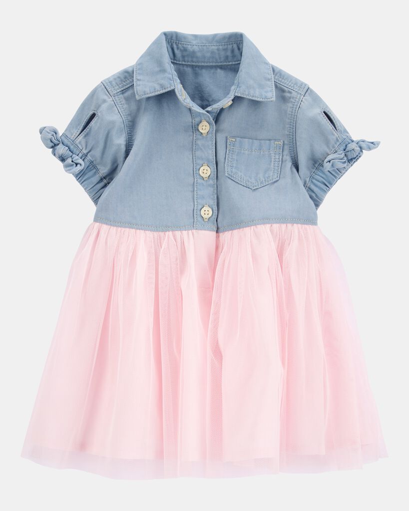 OshKosh B'gosh Baby Denim Shirt Dress With Tulle Skirt 12M Blue/Pink