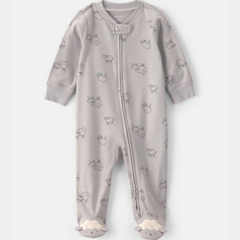 Baby Sheep 100% Cotton 2-Way Zip Sleep & Play Pajamas - Grey