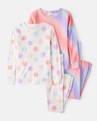 Girls Cherries Print 100% Cotton Long-Sleeve 4-Piece Pajamas - Pink/White