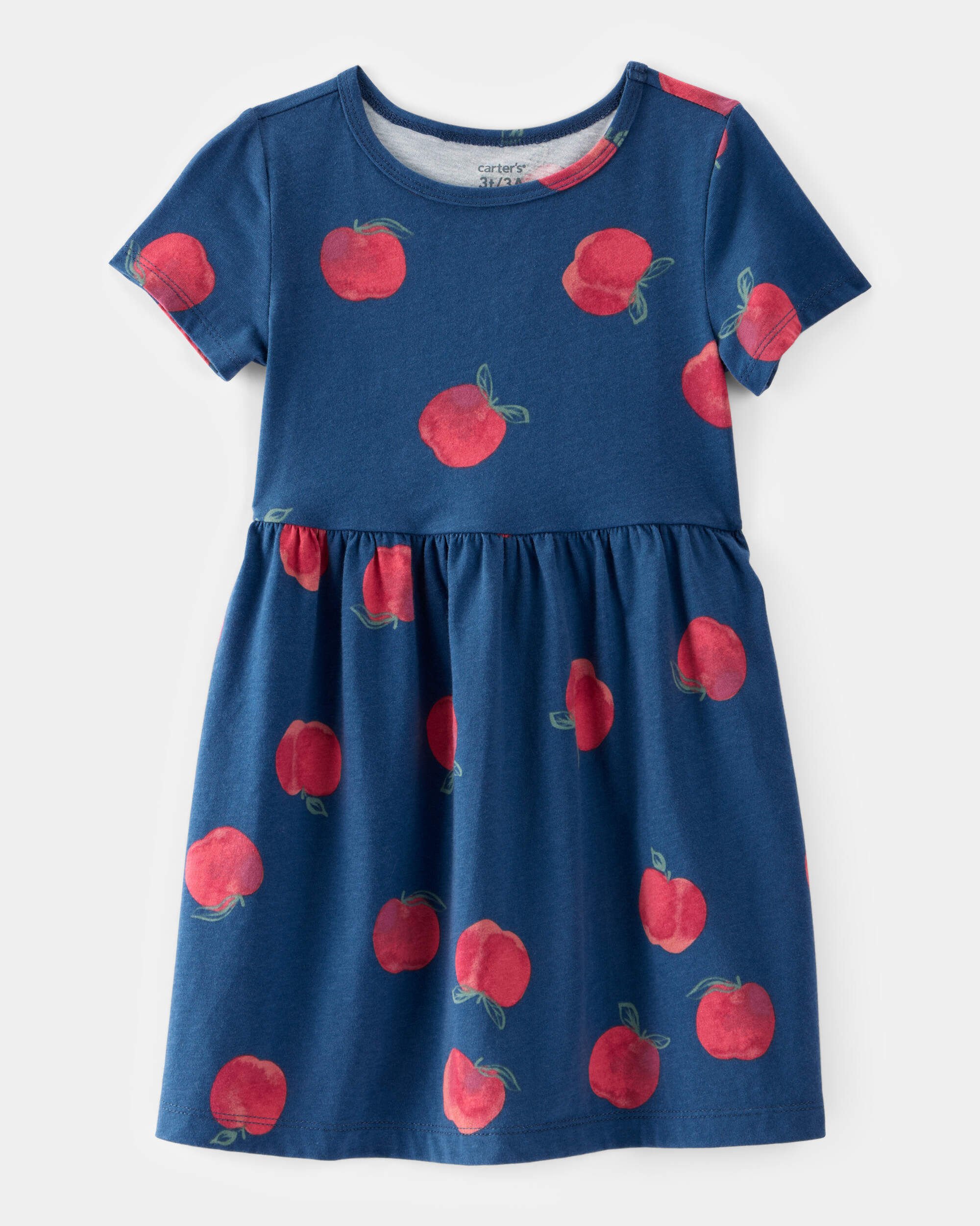 Toddler Girl Apple Print Short-Sleeve Knit Dress - Navy