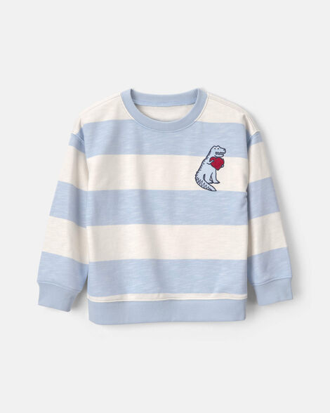 toddler boy striped dinosaur valentine's day french terry pullover sweatshirt - blue/cream