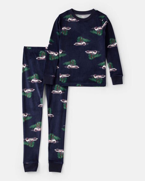 kid christmas cars dreamplush long-sleeve snug fit 2-piece pajamas - navy