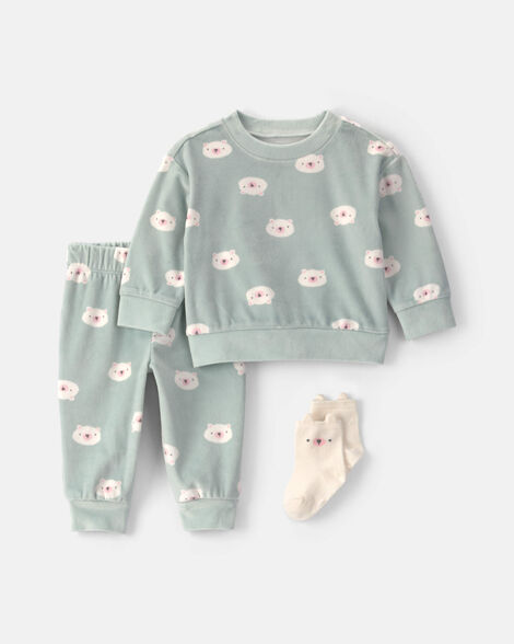 baby girl 3-piece bear long-sleeve top & pant set - green