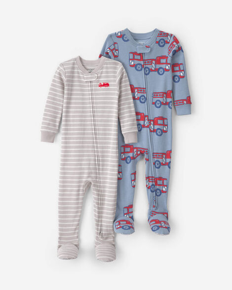 toddler boy 2-pack firetruck 100% cotton snug fit 1-piece pajama - grey/blue