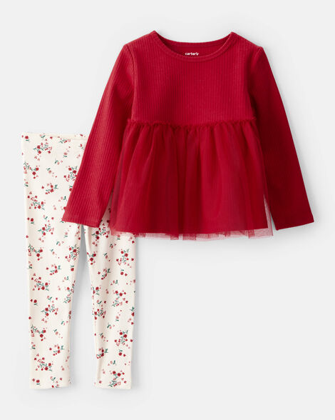 toddler girl 2-piece floral long-sleeve tee & pant set - red