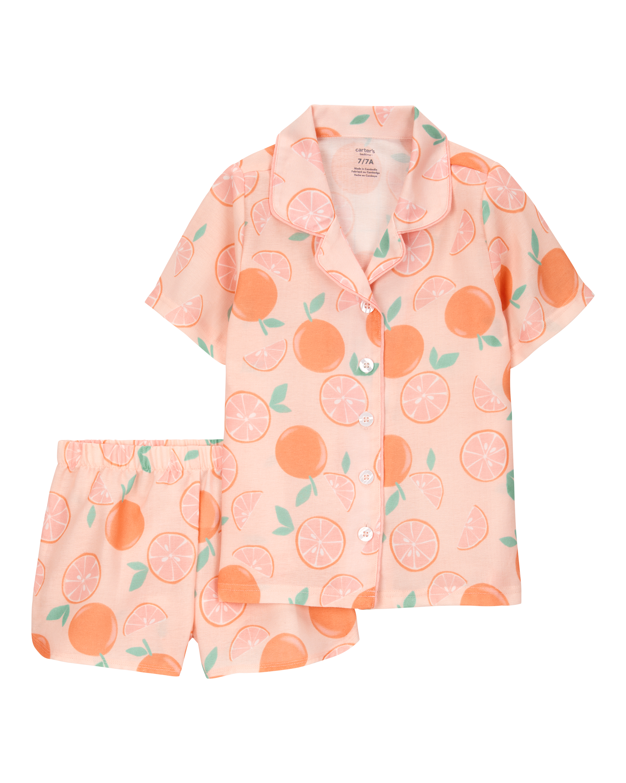 Girls Orange Print Loose Fit 2-Piece Pajamas