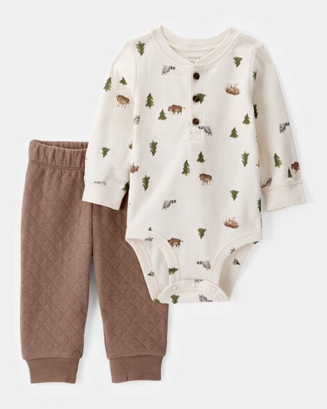 baby boy 2-piece woodland print long-sleeve bodysuit & quilted pant set - ivory/brown