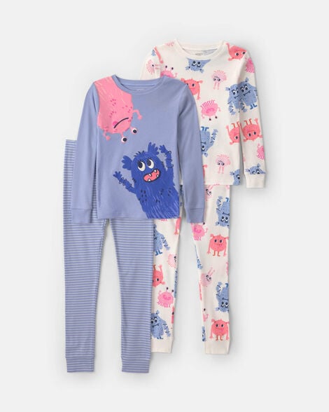 girls 4-piece monster 100% cotton snug fit pajama set - blue/cream