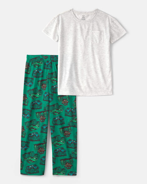 boys monster truck loose fit 2-piece pajama set - grey/green