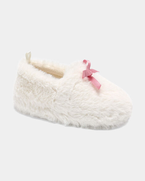 girls fuzzy bow slippers - cream/pink
