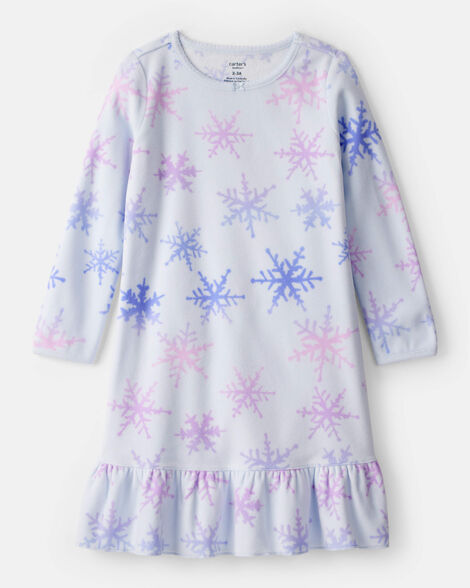girls snowflake print fleece long-sleeve loose fit night gown - blue