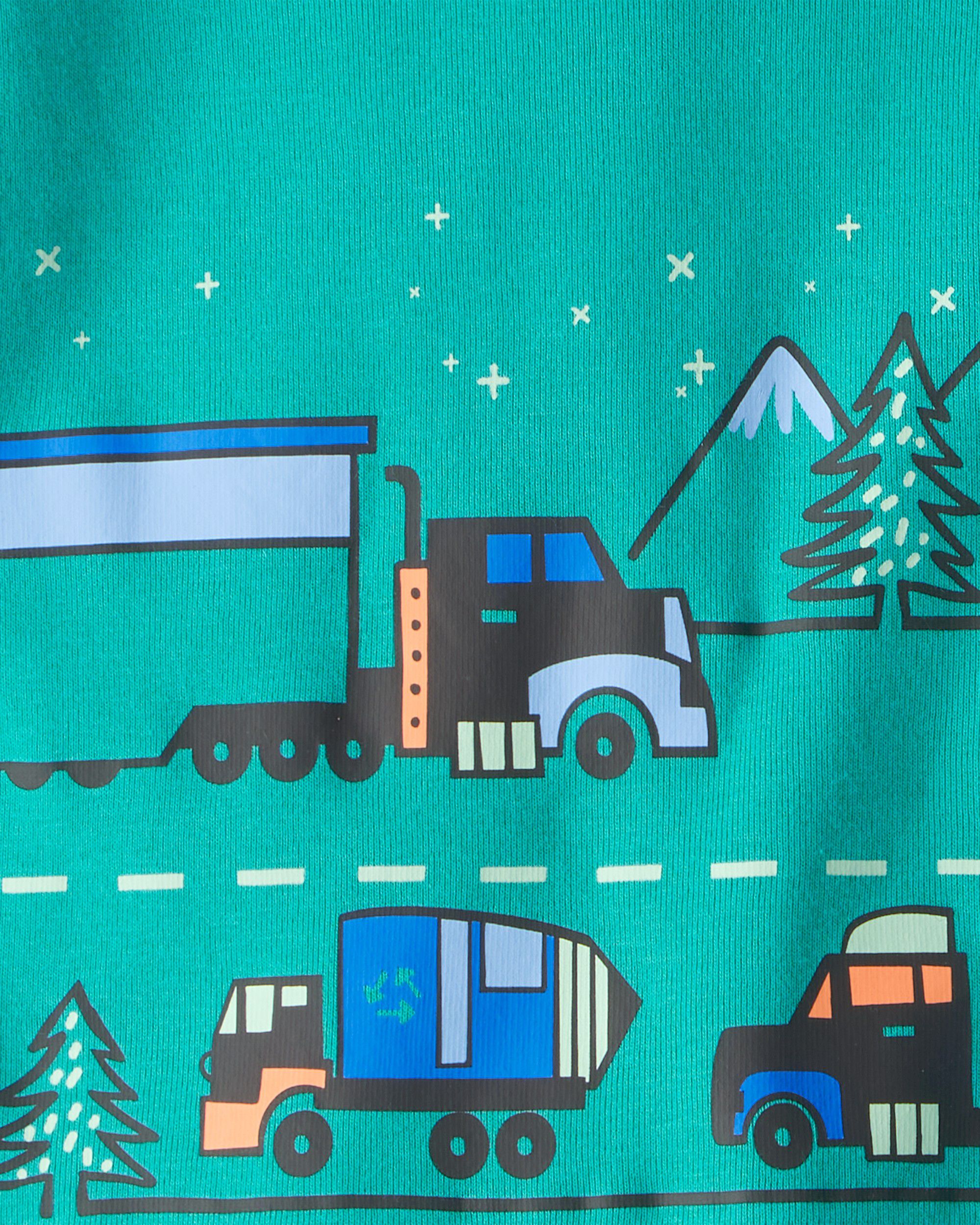Toddler Boy Truck 100% Cotton Loose Fit 4-Piece Pajamas - Green