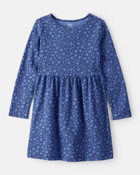 girls floral print long sleeve cotton dress - blue
