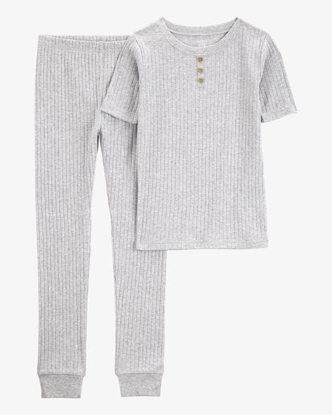 kid solid ribbed cotton blend 2-piece pajamas - grey
