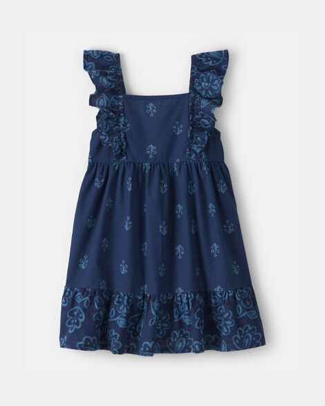 Toddler Girl Floral Ruffle-Sleeve Dress - Navy