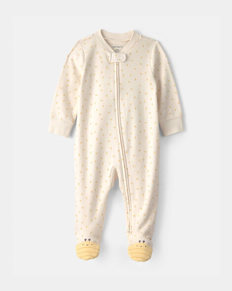 baby girl bee 100% cotton 2-way zip sleep & play pajamas - ivory