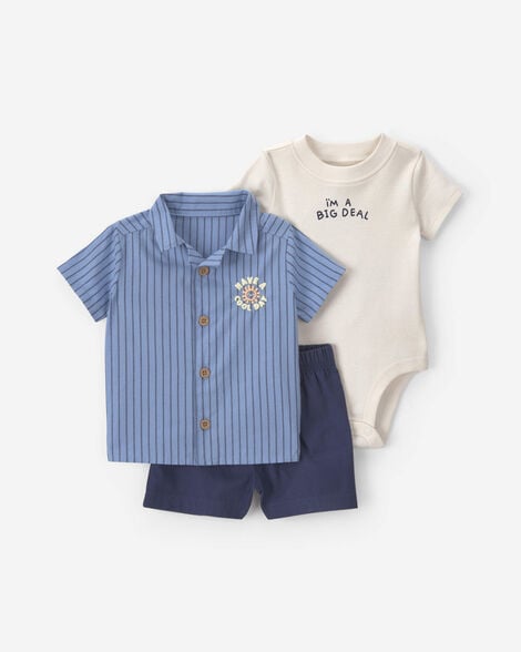 baby boy 3-piece 'i'm a big deal' bodysuit & short set - blue/cream