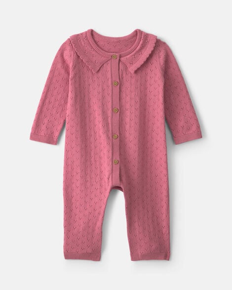 baby girl pointelle long-sleeve jumpsuit - pink
