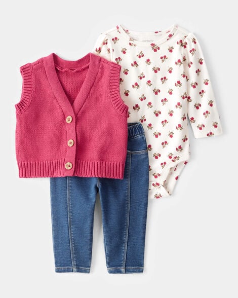 Product image 1 of Baby 3-Piece Floral Little Vest Set - Pink/White