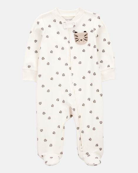 baby tiger print 2-way zip cotton sleep & play pajamas - ivory