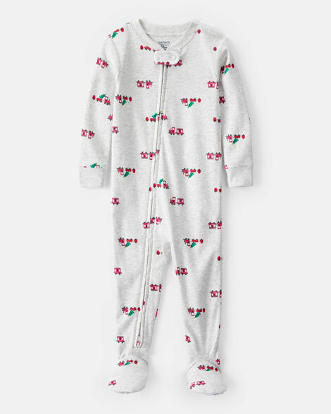 toddler boy train cotton long-sleeve snug fit 1-piece pajamas - grey