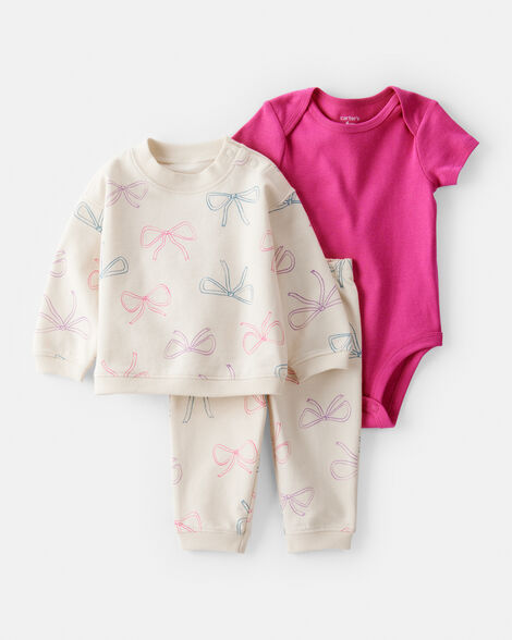 baby 3-piece bow print little pullover set - pink/ivory