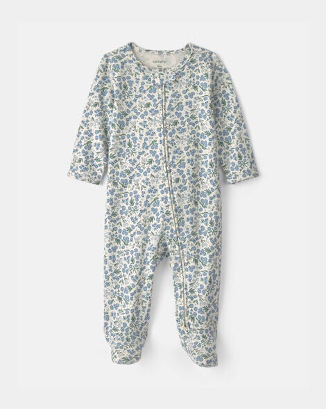 baby girl floral 100% cotton 2-way zip sleep & play pajamas - blue/ivory