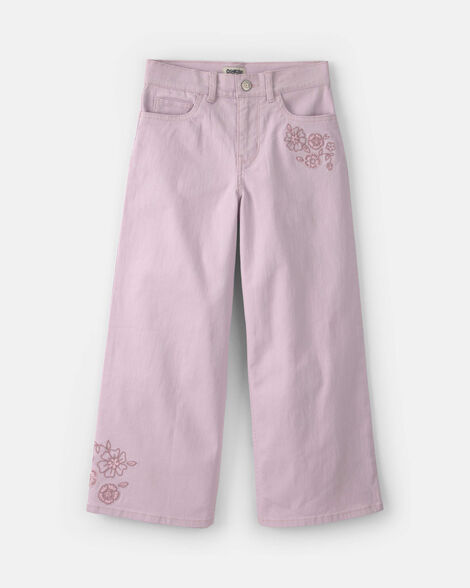 Girls Floral Embroidered Cropped Wide-Leg Pants - Purple